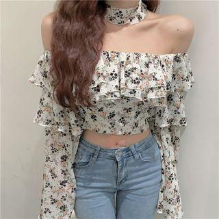 Set: Off-shoulder Floral Print Ruffle Blouse + Choker