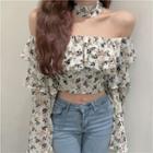 Set: Off-shoulder Floral Print Ruffle Blouse + Choker