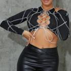 Long-sleeve Contrast Stitch Lace-up Crop Top