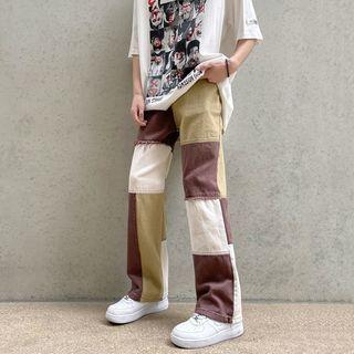 Mid Rise Color Block Patched Straight Leg Jeans