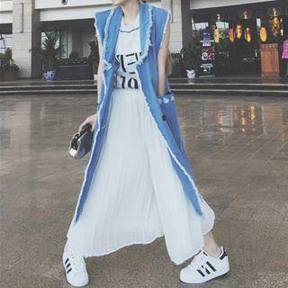 Frayed Trim Long Denim Vest