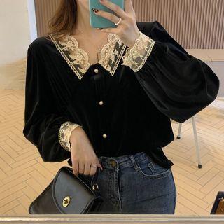 V-neck Lace Velvet Button-up Blouse Black - One Size