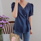 Puff-sleeve Tie-waist Wrap Blouse