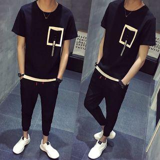 Set: Ribbon Detail Short-sleeve T-shirt + Cropped Pants