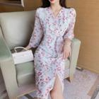 Elbow-sleeve Floral Print Tie-front Chiffon Dress
