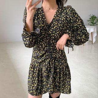 Drawstring-front Floral Print Dress Black - One Size