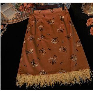 Floral Print Fringed Mini A-line Skirt