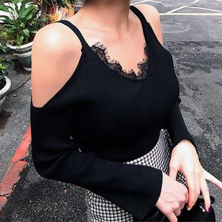 Cutout-shoulder Lace-trim Rib-knit Top