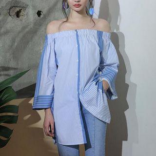 Pinstripe Panel Off-shoulder Dress