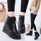 Faux Leather Lace Up Hidden Wedge Platform Ankle Boots