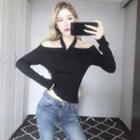 Long-sleeve Cold-shoulder Cable Knit Top