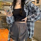 Plaid Hooded Shirt / Drawstring Shorts