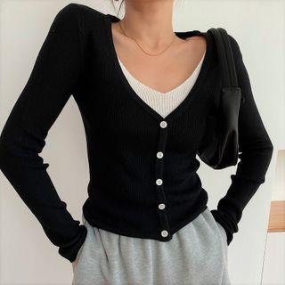 V-neck Mock Two-piece Cardigan