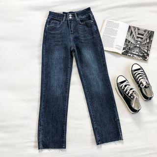 Frayed High-waist Straight-cut Cropped Jeans