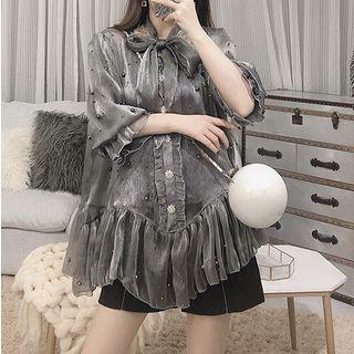 Elbow-sleeve Beaded See-through Top