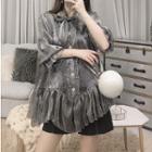 Elbow-sleeve Beaded See-through Top