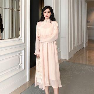 Set: Long-sleeve Midi Qipao Dress + Spaghetti Strap Dress As Shown In Figure - One Size