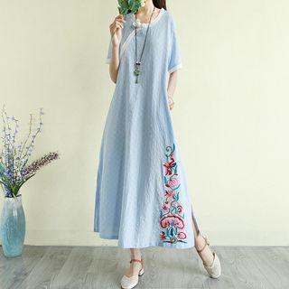 Elbow-sleeve Contrast Trim Embroidered A-line Midi Dress