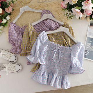 Plaid Puff-sleeved Top