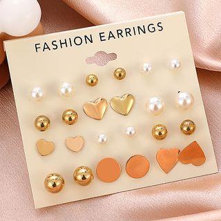 12 Pair Set: Faux Pearl / Alloy Earring (various Designs) 01 - 12 Pairs - White & Gold - One Size