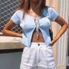 Tie-front Ribbed Short-sleeve Cropped Cardigan