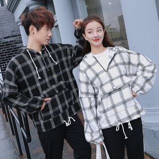 Couple Matching Plaid Half-zip Drawstring Hoodie/ Lettering Color Block Sweatpants