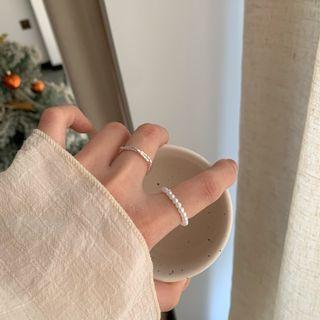 Set: Faux Pearl Ring + Alloy Open Ring Set Of 2 - 3700 - Silver & White - One Size