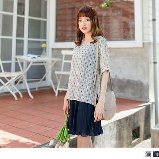 Set: Short Sleeve Pattern Top + Sleeveless Pleated Dress