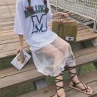 Lettering Elbow Sleeve Mesh Hem T-shirt Dress