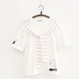 Cat Embroidered Short-sleeve Mock Two-piece T-shirt