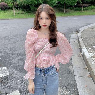 Puff-sleeve Smocked Floral Blouse