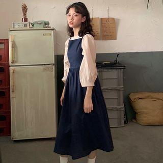 Plain Puff-sleeve Blouse / Midi Jumper Dress