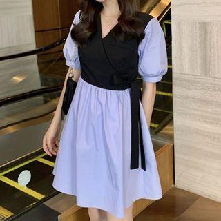 Puff Sleeve V-neck Mock Two Piece A-line Dress