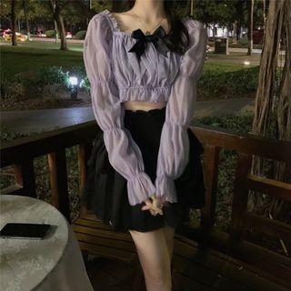 Long-sleeve Square-neck Bow Cropped Top / Ruffle Trim Layer Mini Skirt
