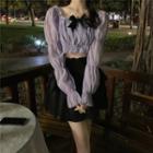 Long-sleeve Square-neck Bow Cropped Top / Ruffle Trim Layer Mini Skirt