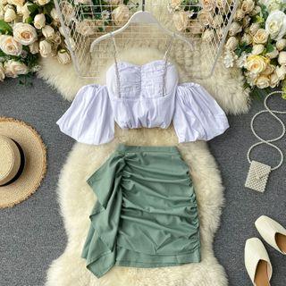 Set: Rhinestone Cold-shoulder Top + Ruffle A-line Mini Skirt