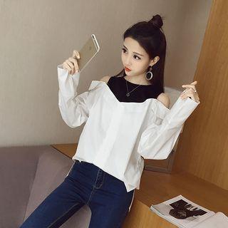 Mock Two-piece Cutout Shoulder Long-sleeve Top