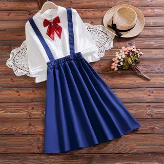 Long-sleeve Mock Two-piece Bow Midi Dress