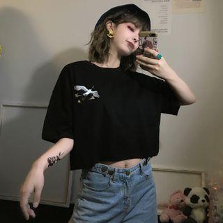 Elbow-sleeve Crane Embroidery Cropped T-shirt