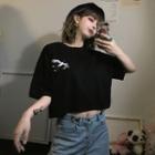 Elbow-sleeve Crane Embroidery Cropped T-shirt