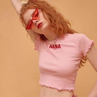 Letter Embroidered Short-sleeve Ribbed Cropped Top Pink - One Size