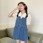 Short-sleeve Lace Trim Blouse / Denim Mini Overall Dress