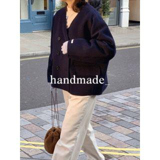 Collarless Double-breasted Wool Blend Coat