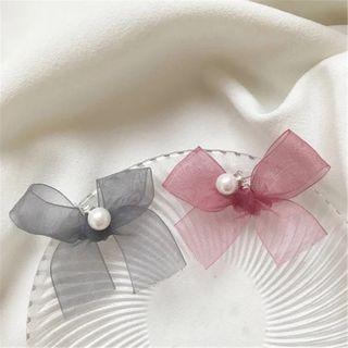 Mesh Bow Faux Pearl Dangle Earring