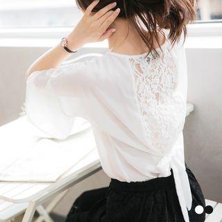 V-back Lace Cutout Bell Sleeve Blouse