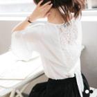 V-back Lace Cutout Bell Sleeve Blouse