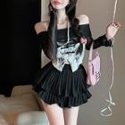 Halter Camisole Top / Long-sleeve Crop Top / Mini A-line Skirt