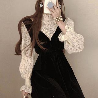 Mock-neck Lace Blouse / Velvet Midi Overall Dress