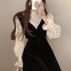 Mock-neck Lace Blouse / Velvet Midi Overall Dress