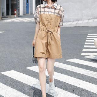 Mock Two-piece Short-sleeve Plaid Romper